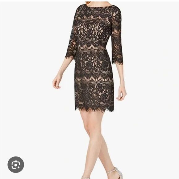 Jessica Howard Dresses & Skirts - JESSICA HOWARD Black Lace Shift Dress Scoop Neck Long Sleeve Lined Cotton Zip Up